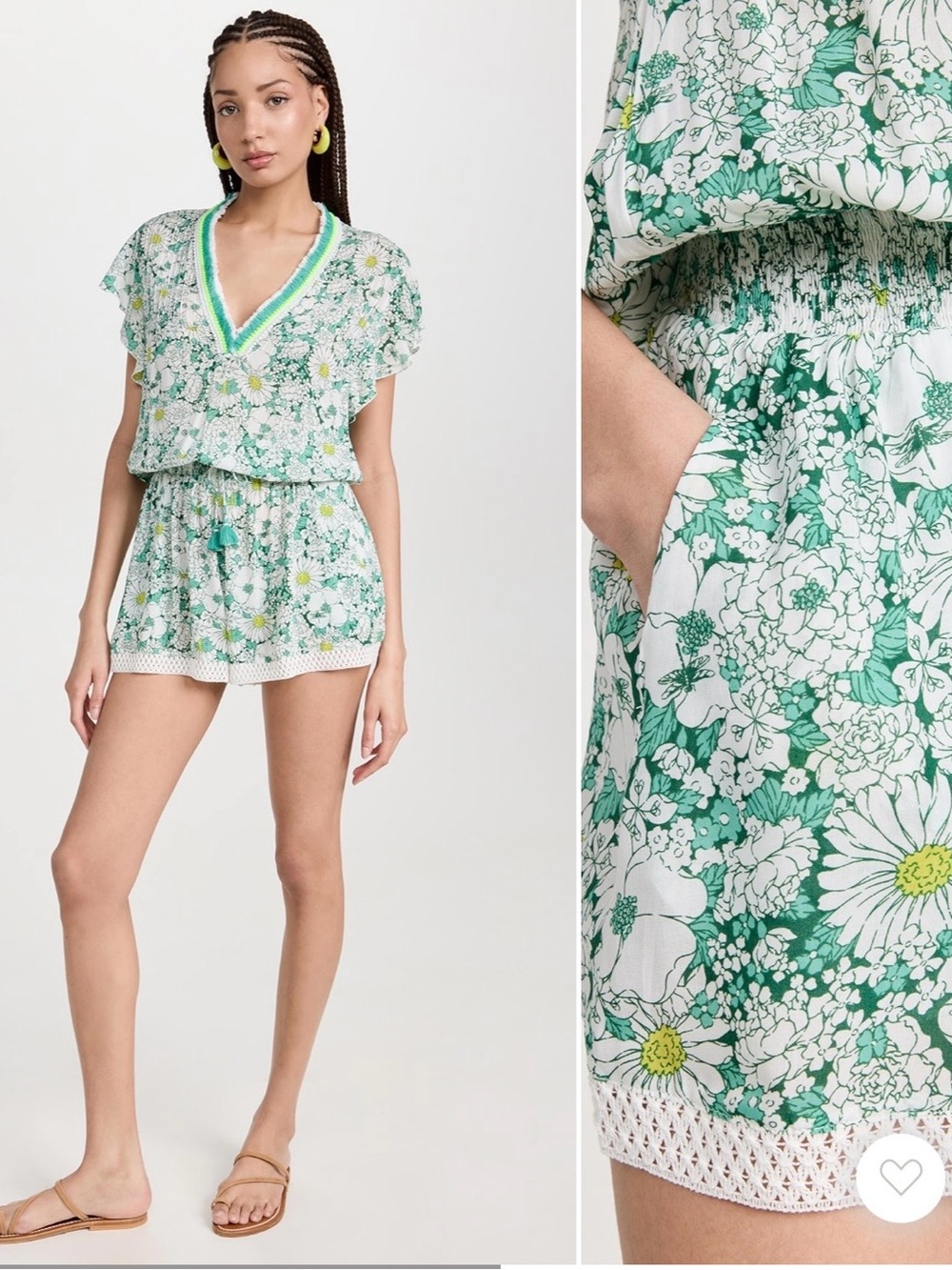 Poupette St. Barth Green & White Floral V-Neck Romper Pockets Size Small